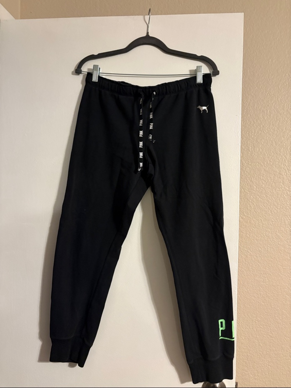 PINK Victoria's Secret Black Jogger Sweatpants with Neon Green Accent